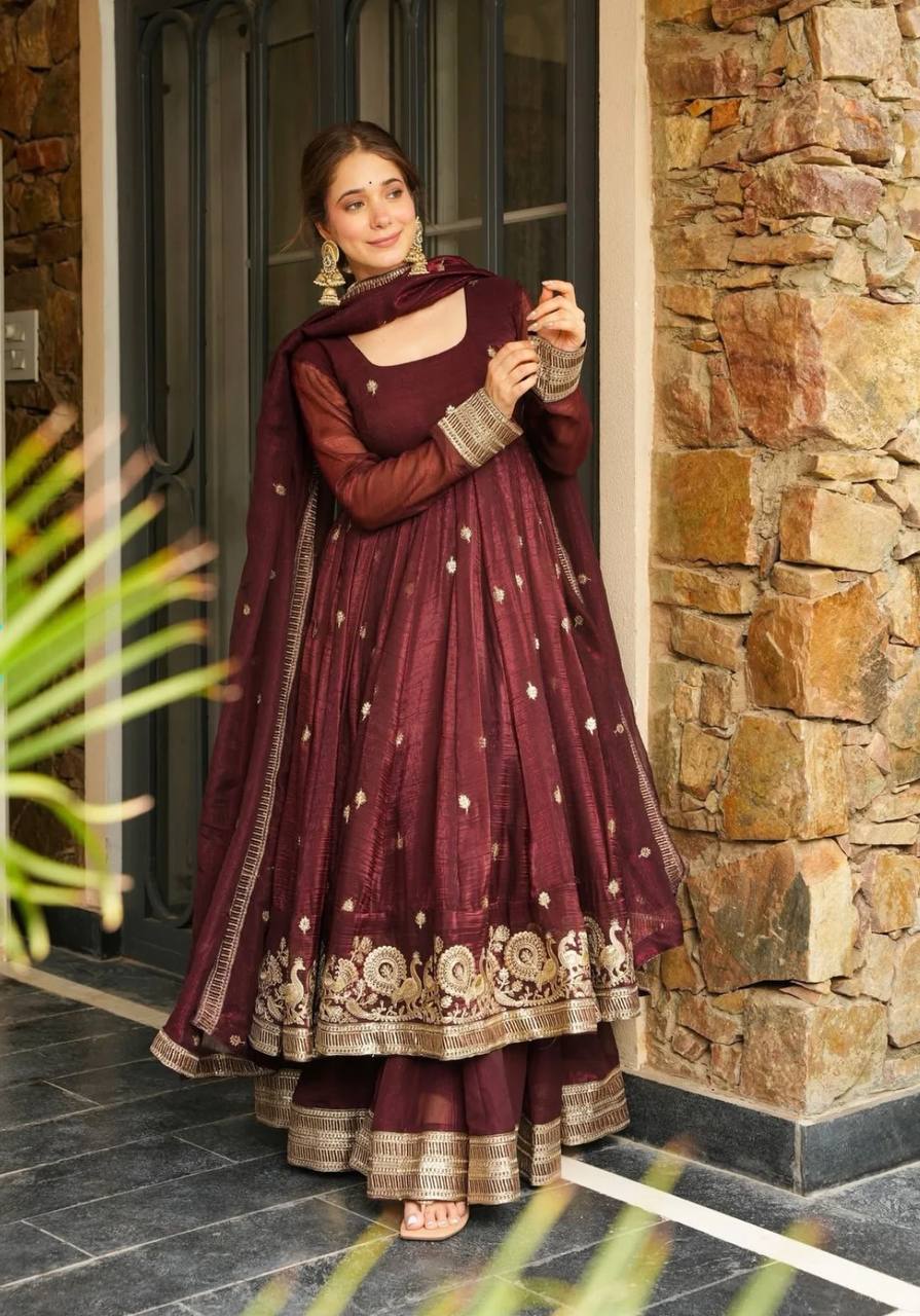 Maroon Designer Heavy Crunchy Silk Top Bottom and Dupatta For Party Wear