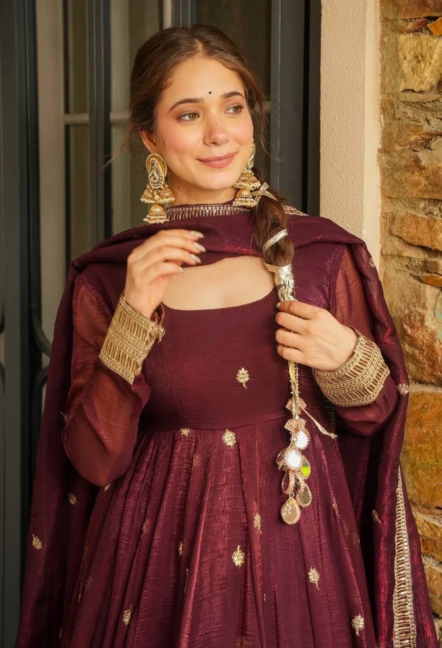 Maroon Designer Heavy Crunchy Silk Top Bottom and Dupatta For Party Wear