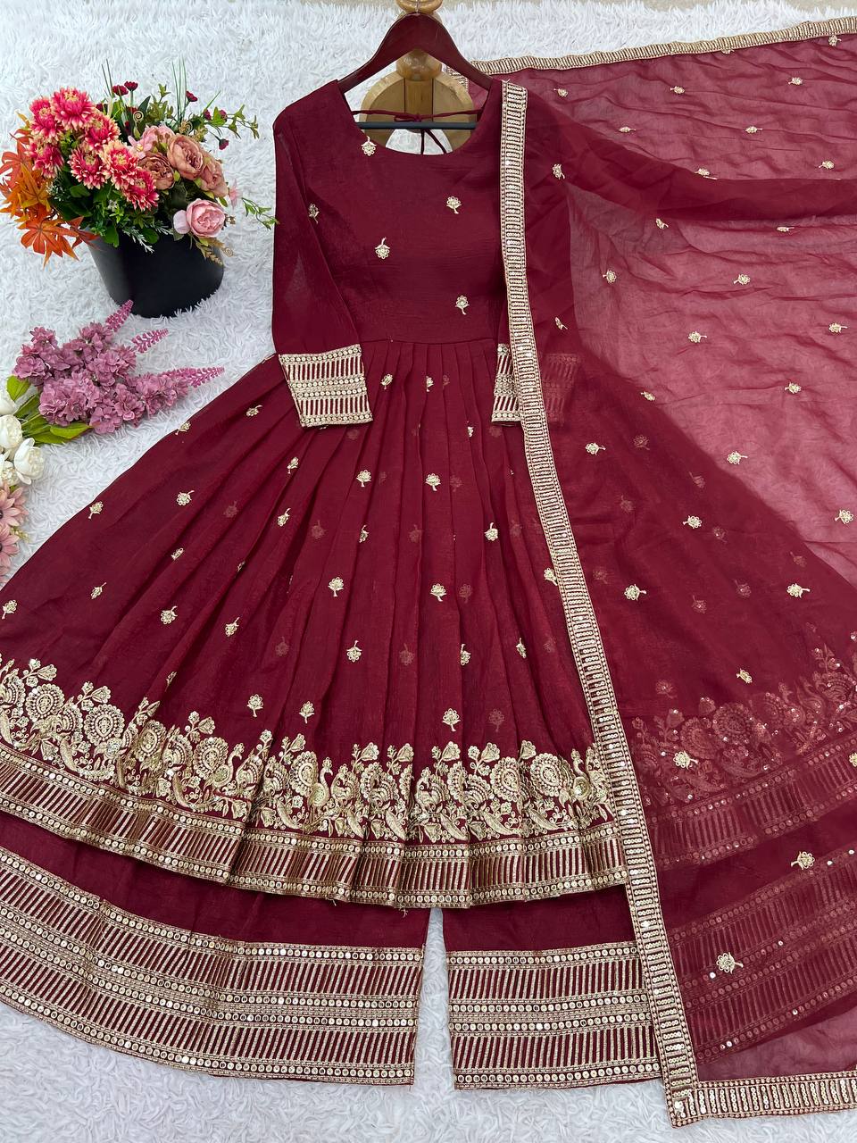Maroon Designer Heavy Crunchy Silk Top Bottom and Dupatta For Party Wear