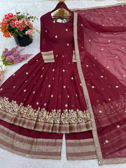Maroon Designer Heavy Crunchy Silk Top Bottom and Dupatta For Party Wear