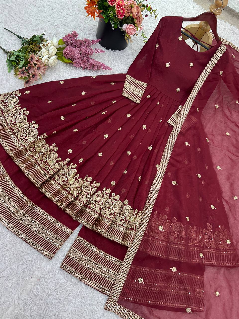 Maroon Designer Heavy Crunchy Silk Top Bottom and Dupatta For Party Wear