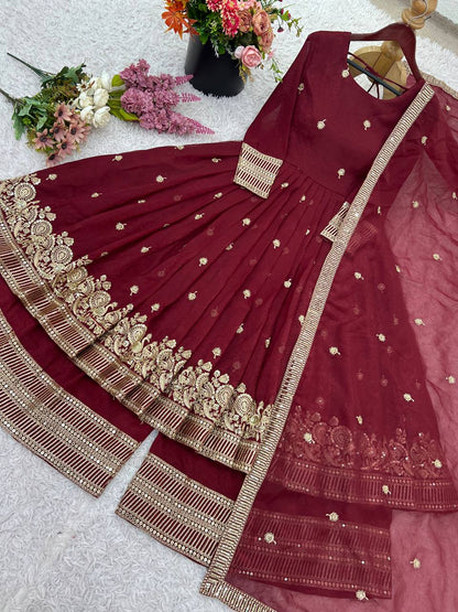 Maroon Designer Heavy Crunchy Silk Top Bottom and Dupatta For Party Wear