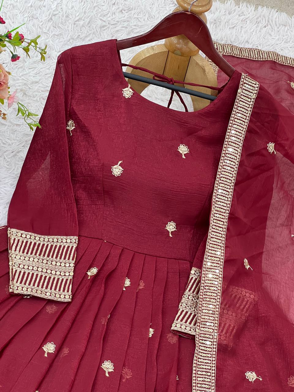 Maroon Designer Heavy Crunchy Silk Top Bottom and Dupatta For Party Wear