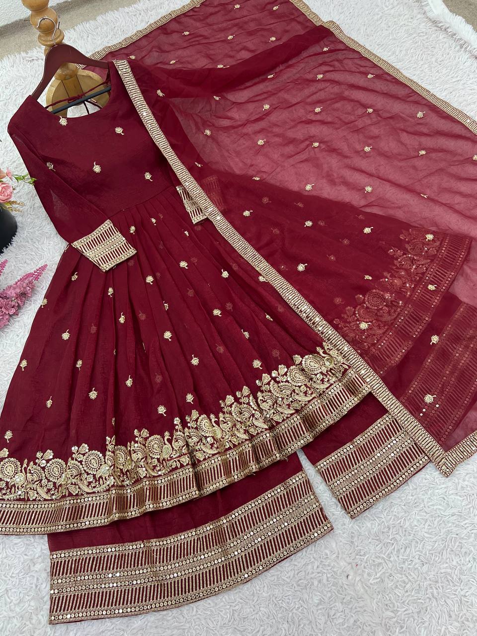 Maroon Designer Heavy Crunchy Silk Top Bottom and Dupatta For Party Wear