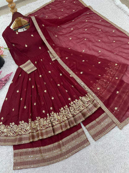 Maroon Designer Heavy Crunchy Silk Top Bottom and Dupatta For Party Wear