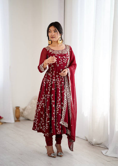 Maroon Designer Heavy Faux Georgette Anarkali Gown and Dupatta