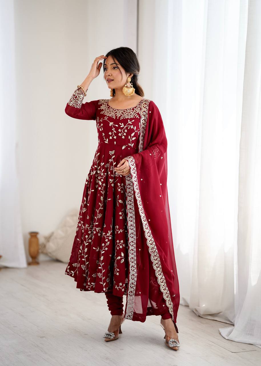 Maroon Designer Heavy Faux Georgette Anarkali Gown and Dupatta