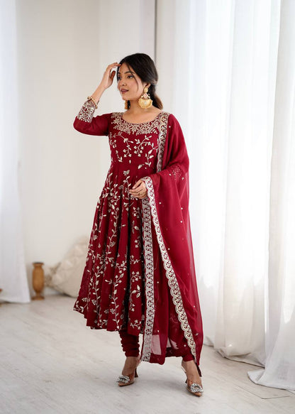 Maroon Designer Heavy Faux Georgette Anarkali Gown and Dupatta