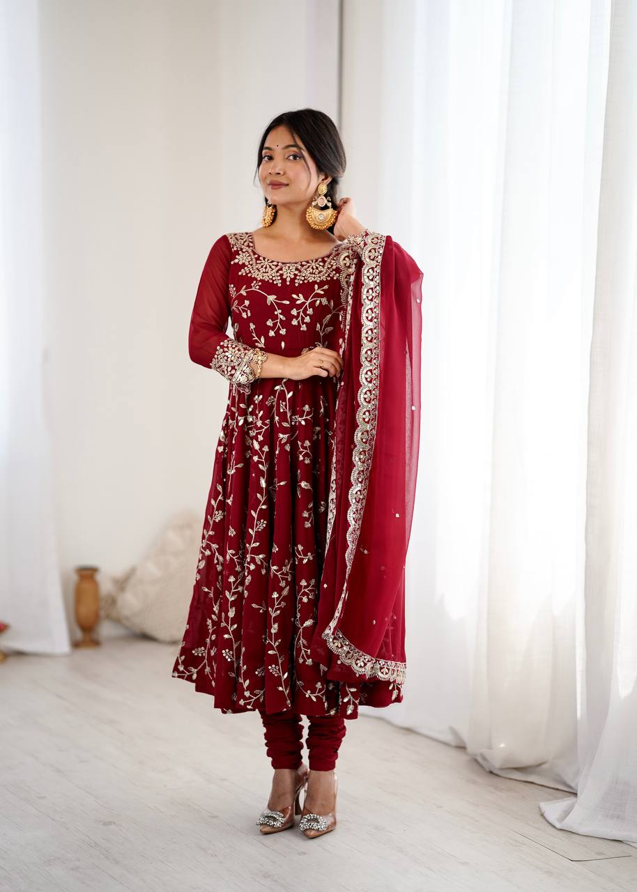Maroon Designer Heavy Faux Georgette Anarkali Gown and Dupatta