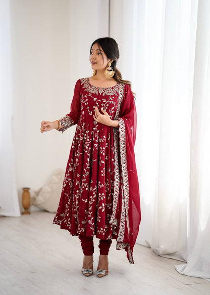Maroon Designer Heavy Faux Georgette Anarkali Gown and Dupatta