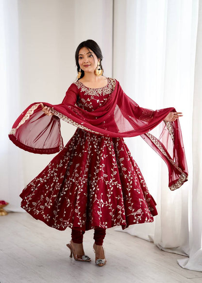 Maroon Designer Heavy Faux Georgette Anarkali Gown and Dupatta