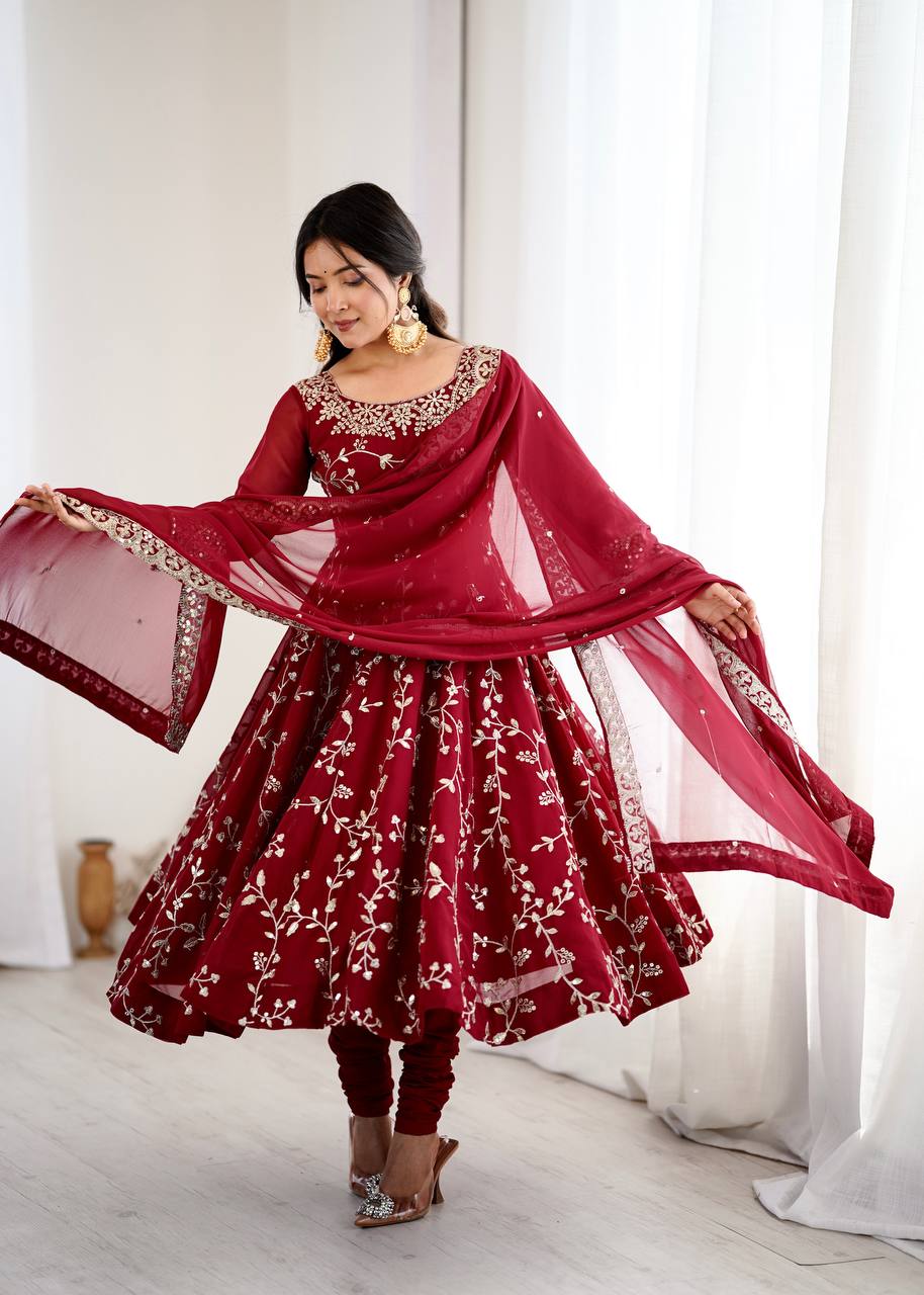 Maroon Designer Heavy Faux Georgette Anarkali Gown and Dupatta
