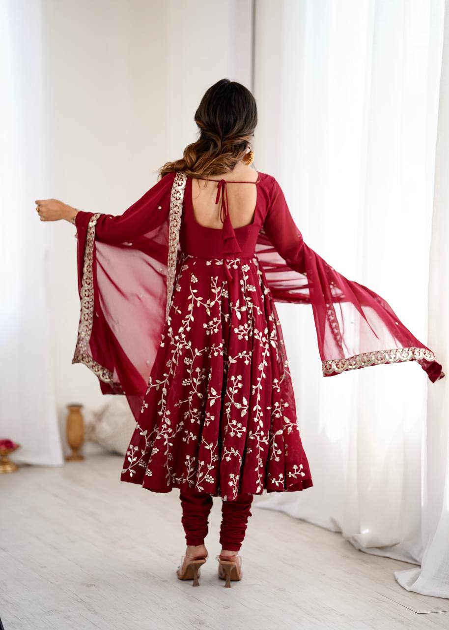 Maroon Designer Heavy Faux Georgette Anarkali Gown and Dupatta