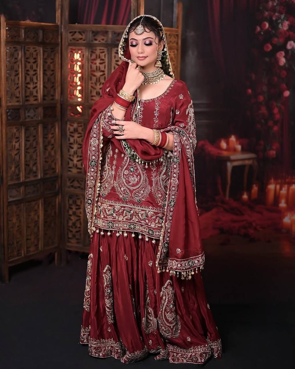 Maroon Designer Heavy Faux Georgette Embroidery Plazzo and Dupatta Set