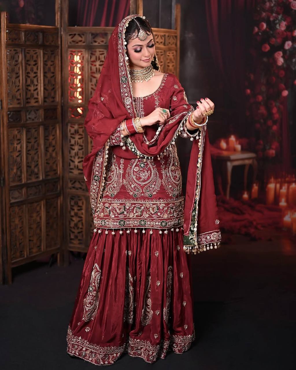 Maroon Designer Heavy Faux Georgette Embroidery Plazzo and Dupatta Set