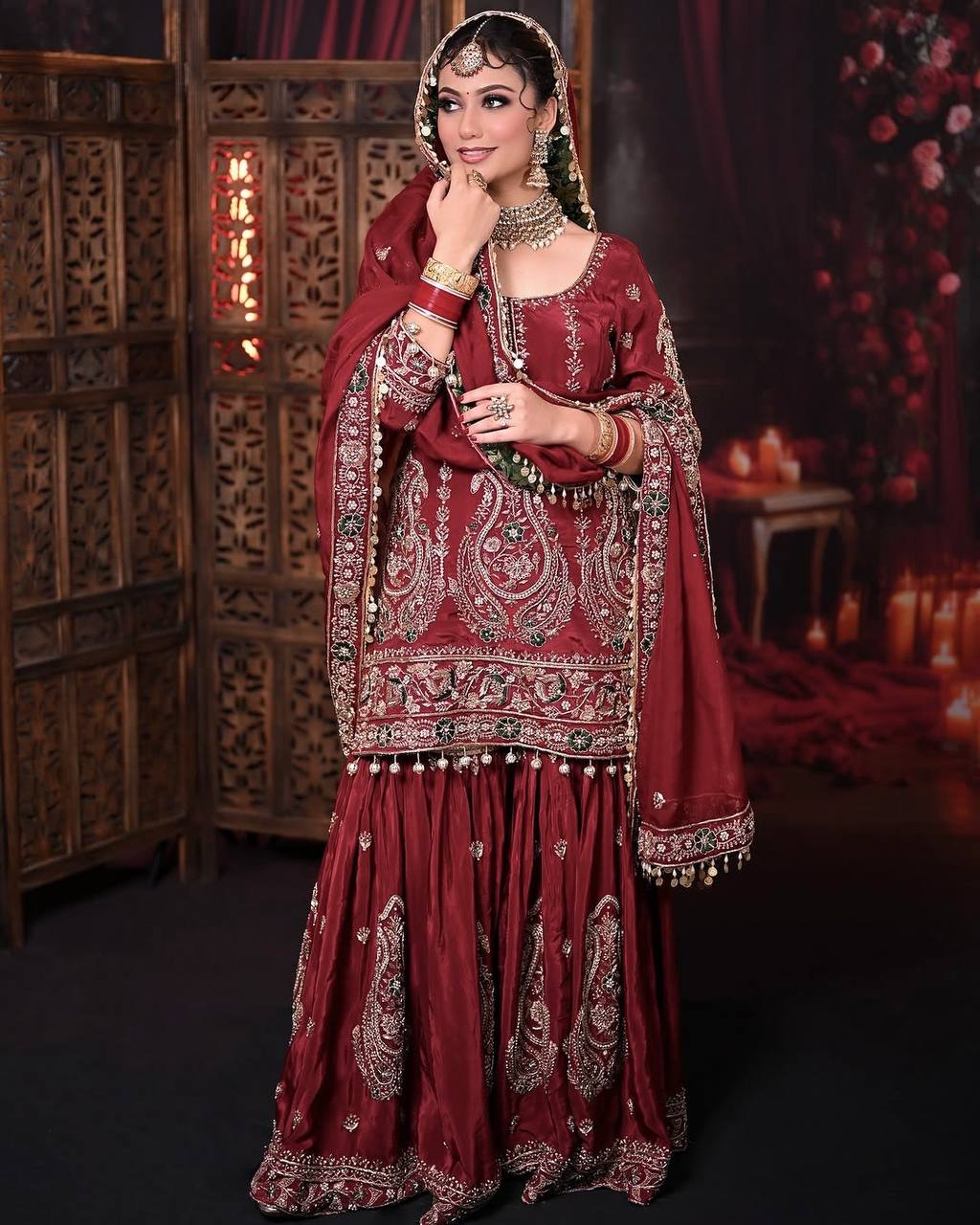 Maroon Designer Heavy Faux Georgette Embroidery Plazzo and Dupatta Set
