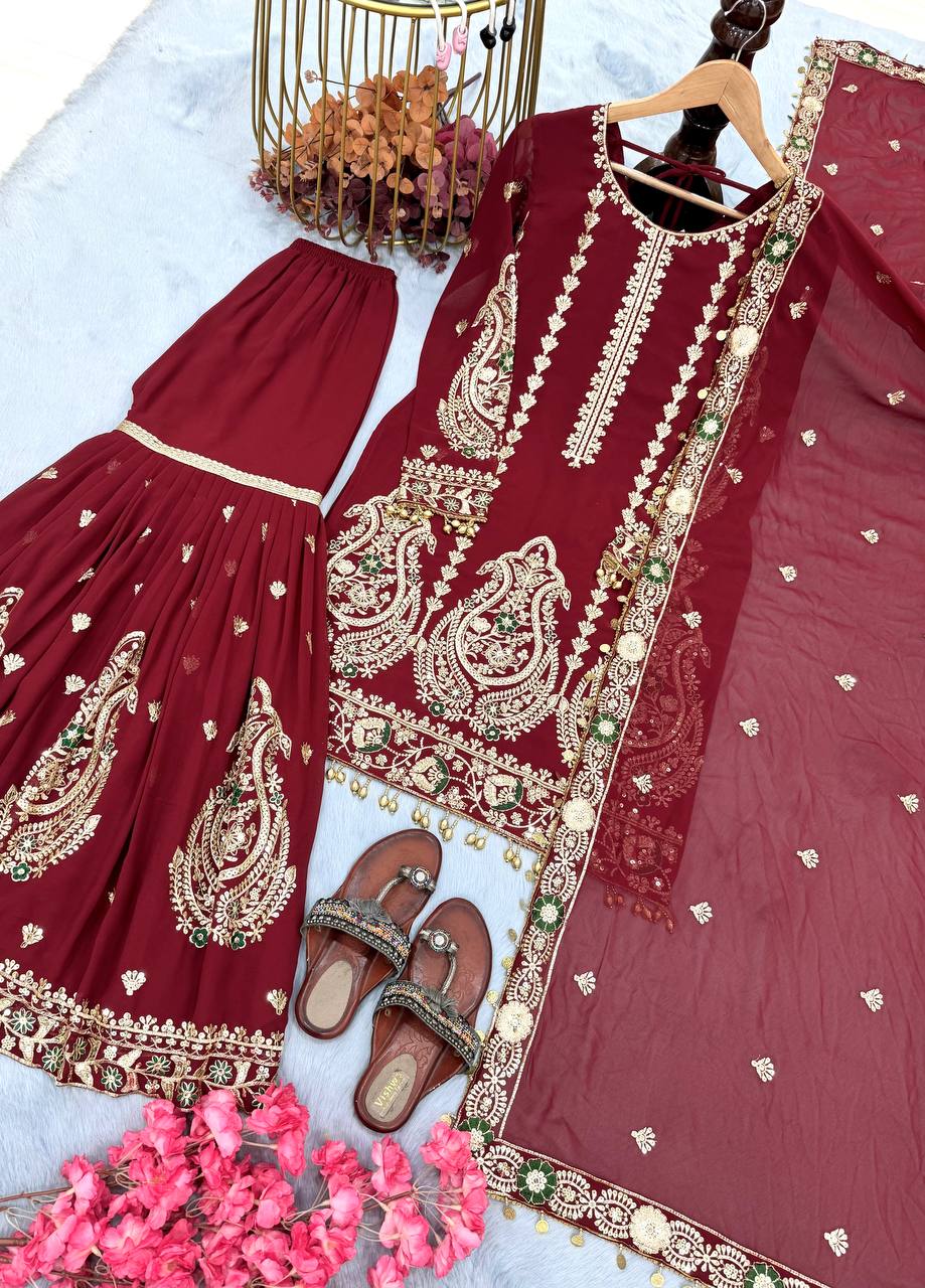 Maroon Designer Heavy Faux Georgette Embroidery Plazzo and Dupatta Set