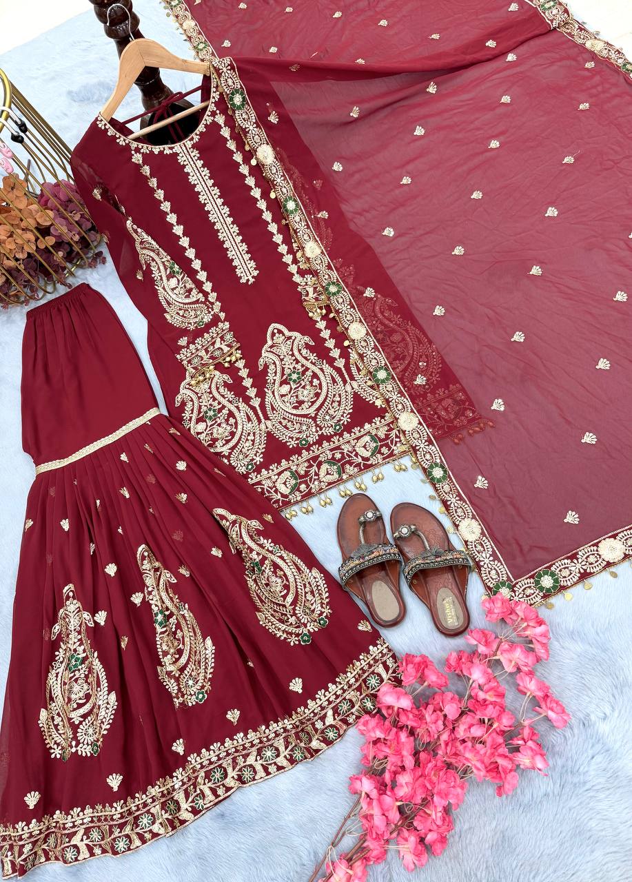 Maroon Designer Heavy Faux Georgette Embroidery Plazzo and Dupatta Set