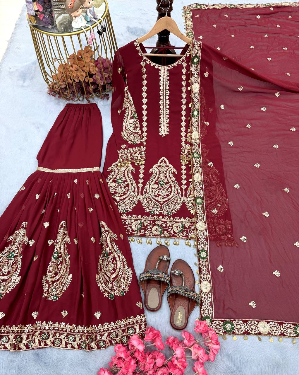 Maroon Designer Heavy Faux Georgette Embroidery Plazzo and Dupatta Set