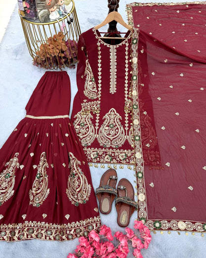 Maroon Designer Heavy Faux Georgette Embroidery Plazzo and Dupatta Set