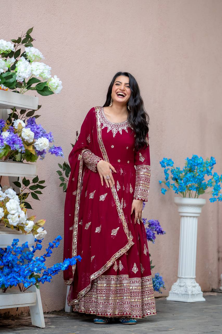 Maroon Designer Heavy Faux Georgette Gown and Dupatta For Party Wear