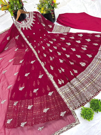 Maroon Designer Heavy Faux Georgette Gown and Dupatta For Party Wear