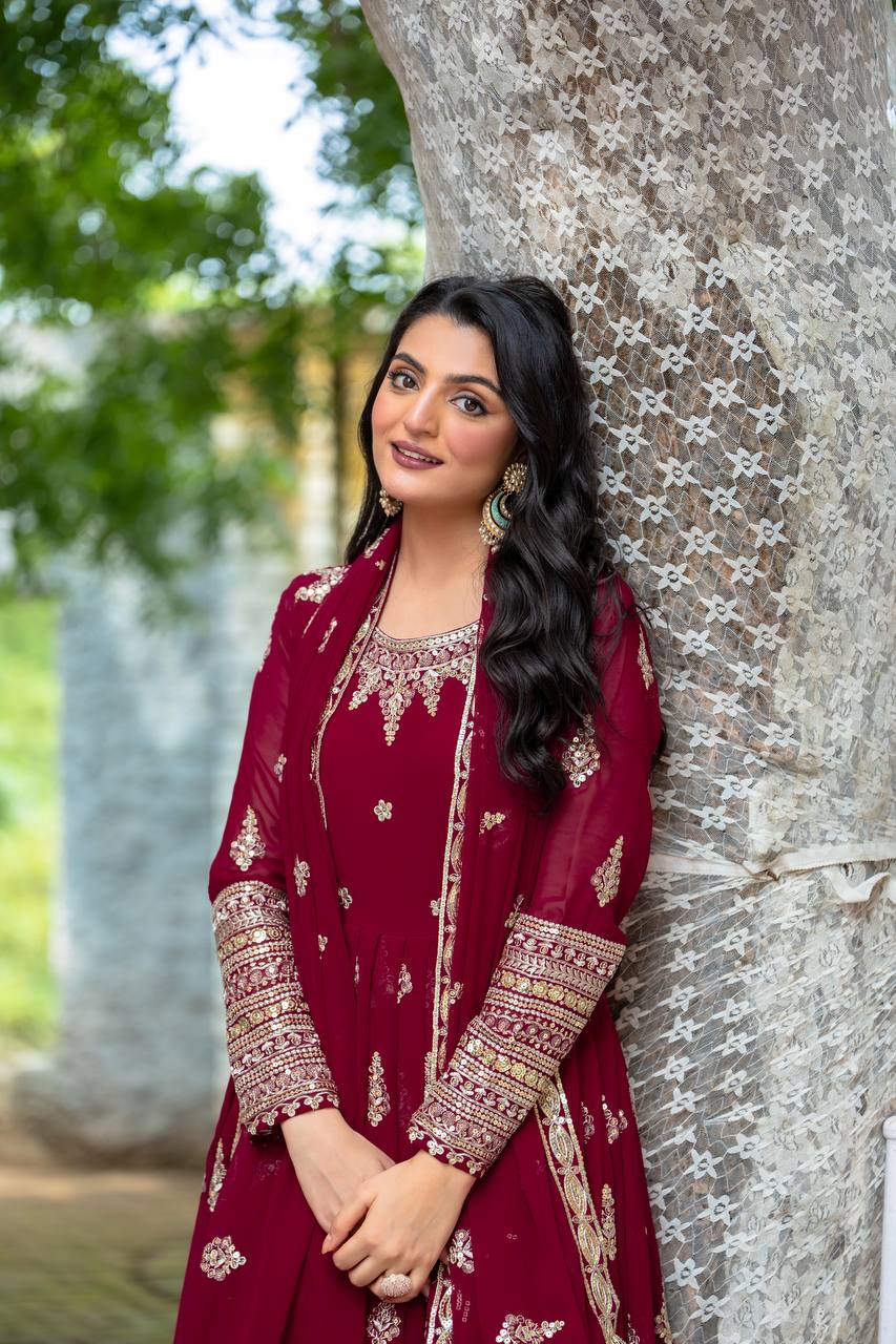 Maroon Designer Heavy Faux Georgette Gown and Dupatta For Party Wear