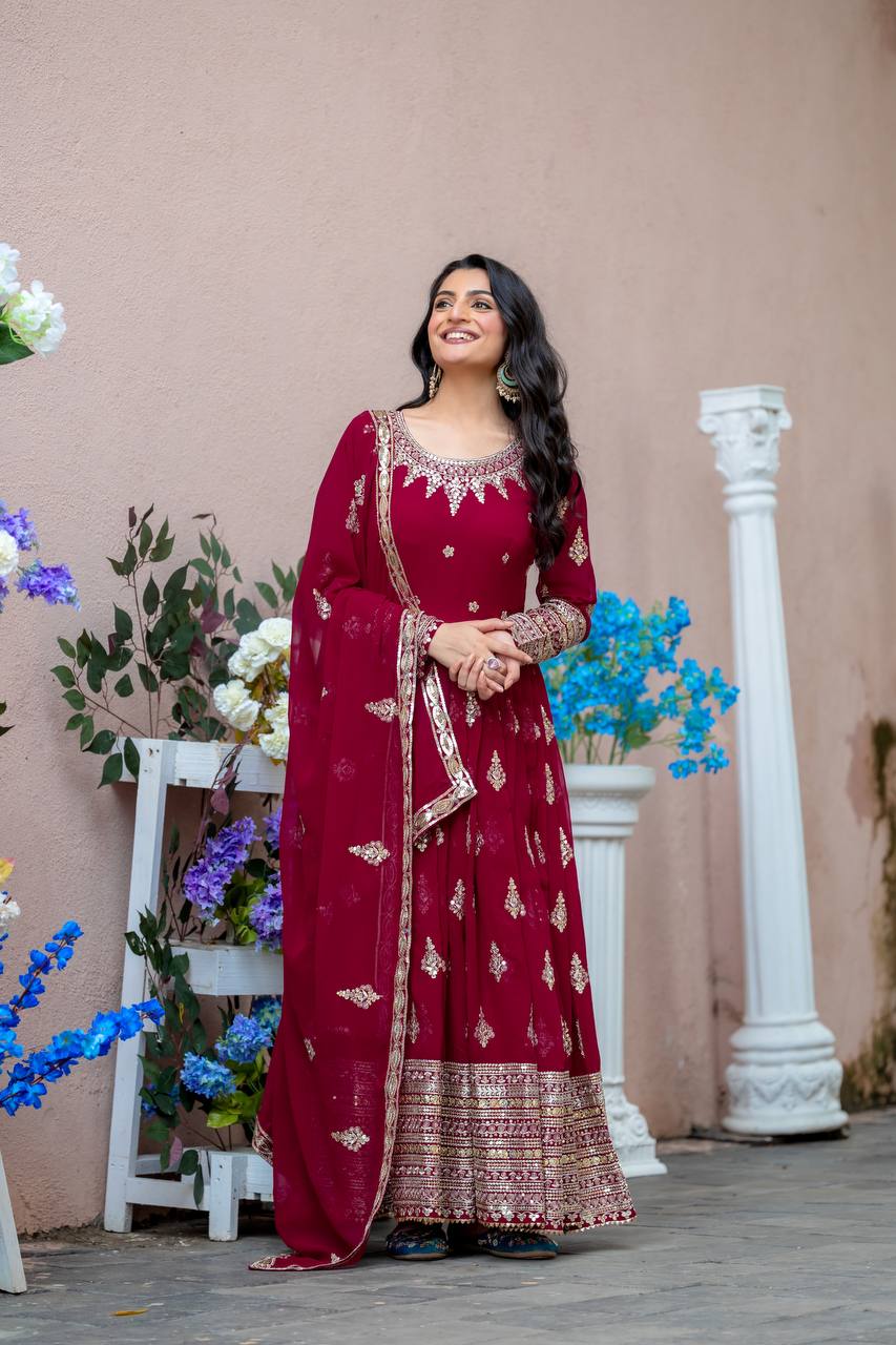 Maroon Designer Heavy Faux Georgette Gown and Dupatta For Party Wear