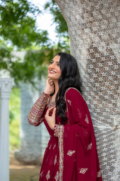 Maroon Designer Heavy Faux Georgette Gown and Dupatta For Party Wear