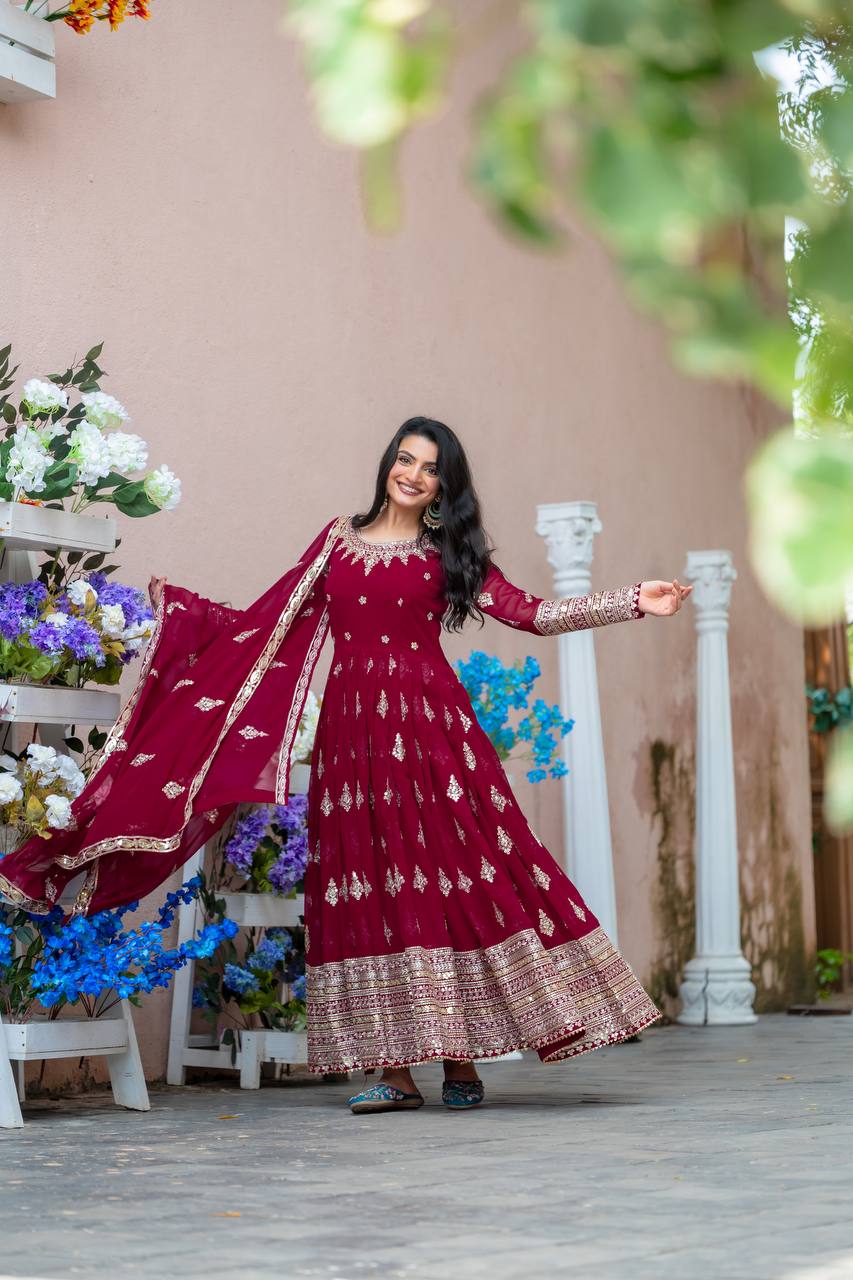 Maroon Designer Heavy Faux Georgette Gown and Dupatta For Party Wear