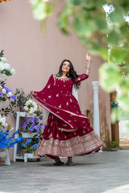 Maroon Designer Heavy Faux Georgette Gown and Dupatta For Party Wear
