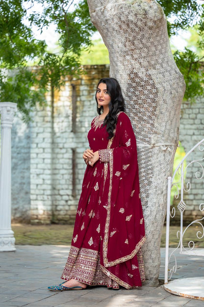 Maroon Designer Heavy Faux Georgette Gown and Dupatta For Party Wear