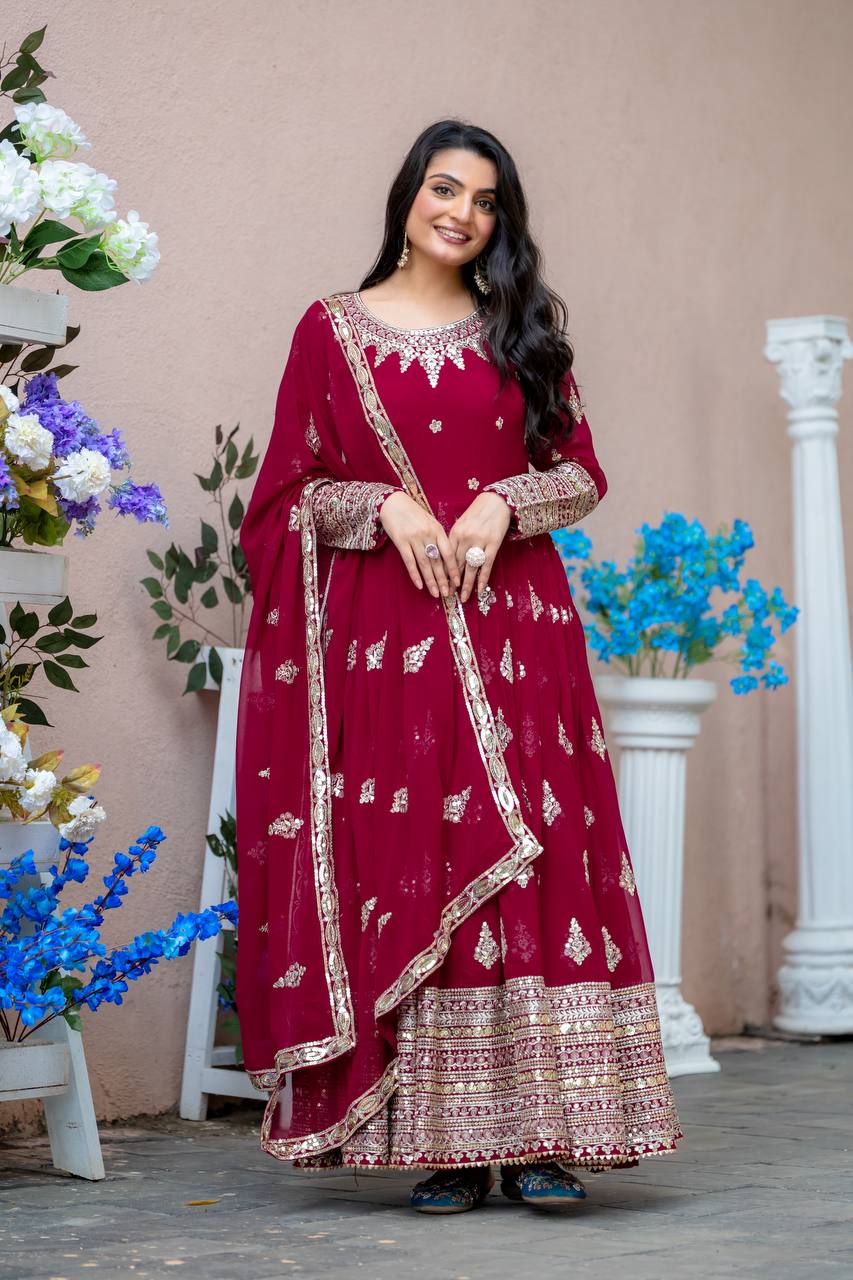 Maroon Designer Heavy Faux Georgette Gown and Dupatta For Party Wear