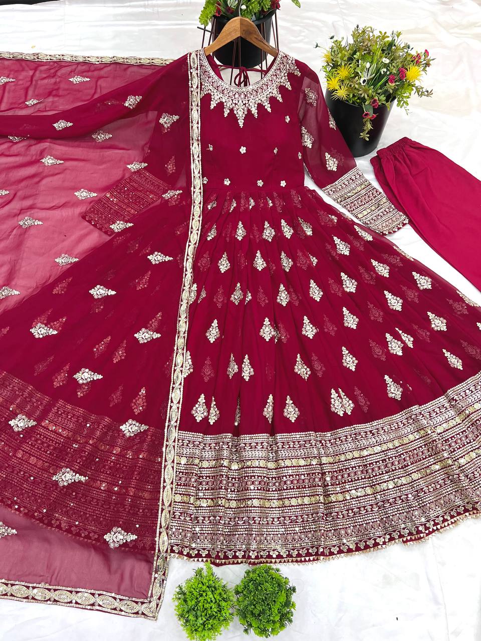 Maroon Designer Heavy Faux Georgette Gown and Dupatta For Party Wear