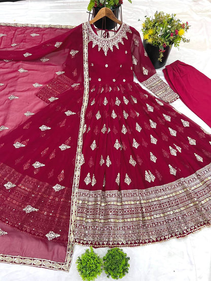 Maroon Designer Heavy Faux Georgette Gown and Dupatta For Party Wear