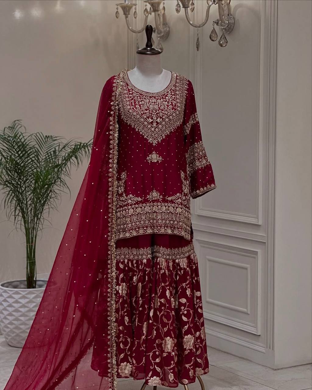 Maroon Designer Heavy Georgette Top Bottom and Dupatta For Party Wear