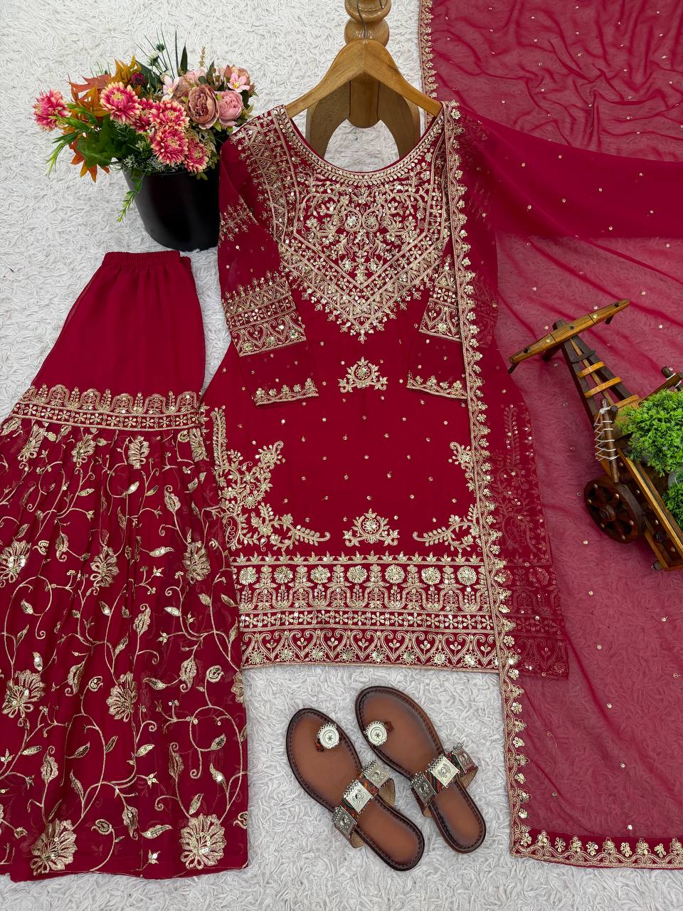 Maroon Designer Heavy Georgette Top Bottom and Dupatta For Party Wear