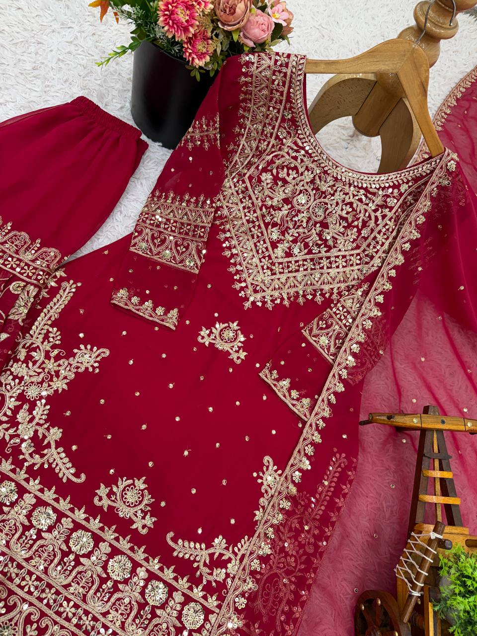 Maroon Designer Heavy Georgette Top Bottom and Dupatta For Party Wear