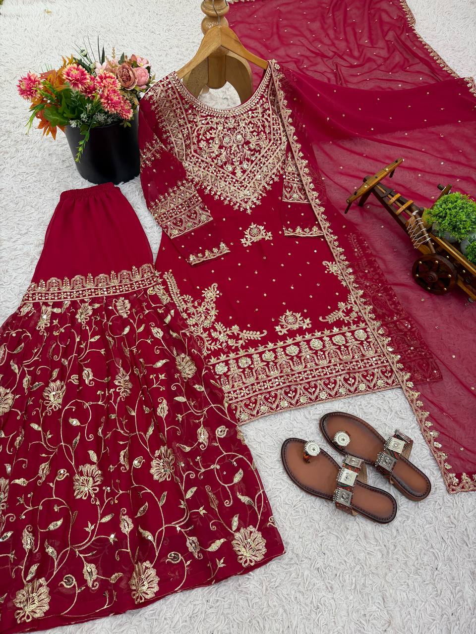 Maroon Designer Heavy Georgette Top Bottom and Dupatta For Party Wear