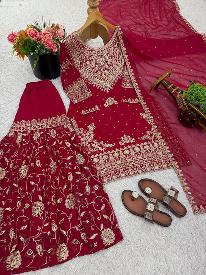 Maroon Designer Heavy Georgette Top Bottom and Dupatta For Party Wear
