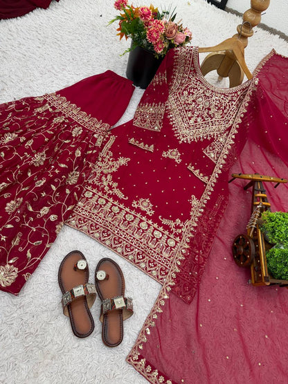 Maroon Designer Heavy Georgette Top Bottom and Dupatta For Party Wear