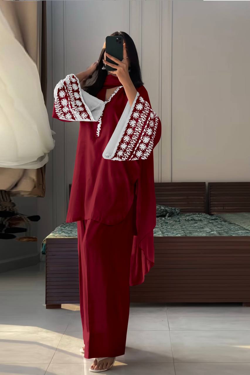 Maroon Designer Natural Satin Farshi Plazzo and Dupatta For Party Wear