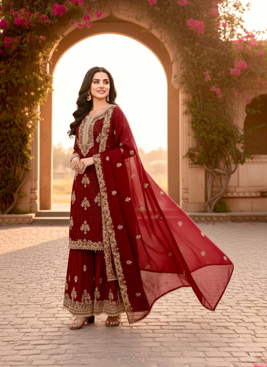 Maroon Designer Pure GMY Silk Plazzo Top and Dupatta For Party Wear
