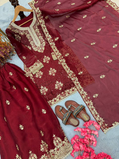 Maroon Designer Pure GMY Silk Plazzo Top and Dupatta For Party Wear