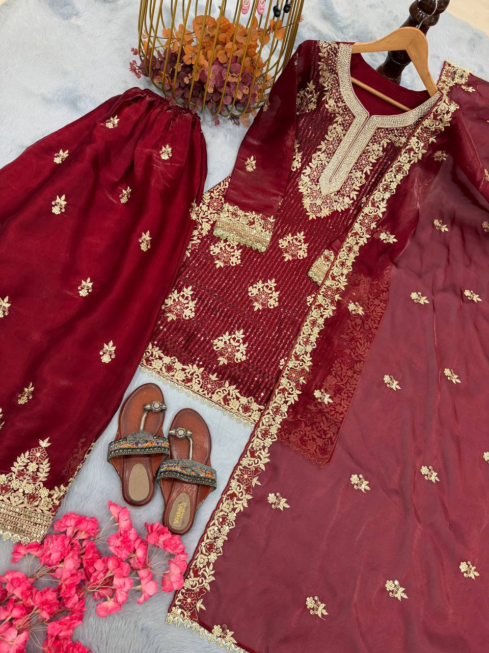 Maroon Designer Pure GMY Silk Plazzo Top and Dupatta For Party Wear