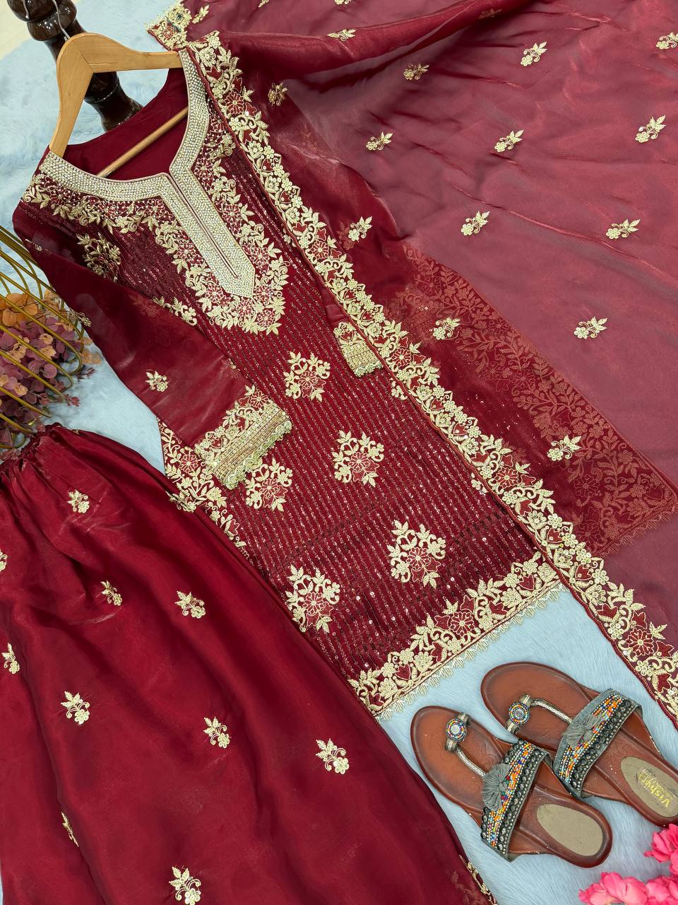 Maroon Designer Pure GMY Silk Plazzo Top and Dupatta For Party Wear