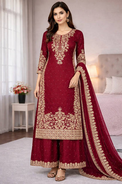 Maroon Designer Pure GMY Silk Top Bottom and Dupatta For Party Wear