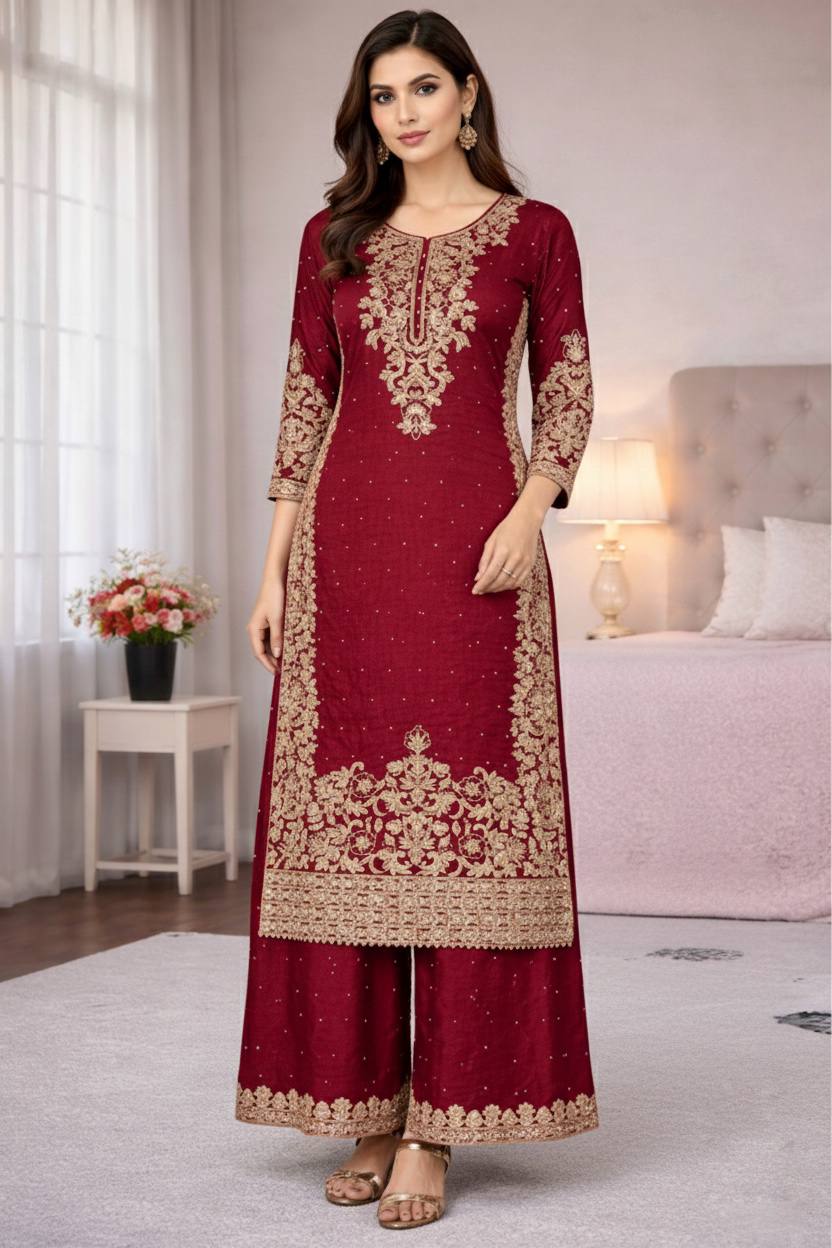 Maroon Designer Pure GMY Silk Top Bottom and Dupatta For Party Wear