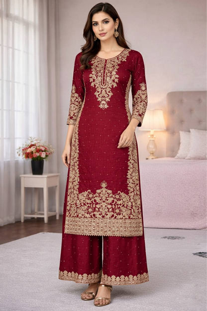 Maroon Designer Pure GMY Silk Top Bottom and Dupatta For Party Wear
