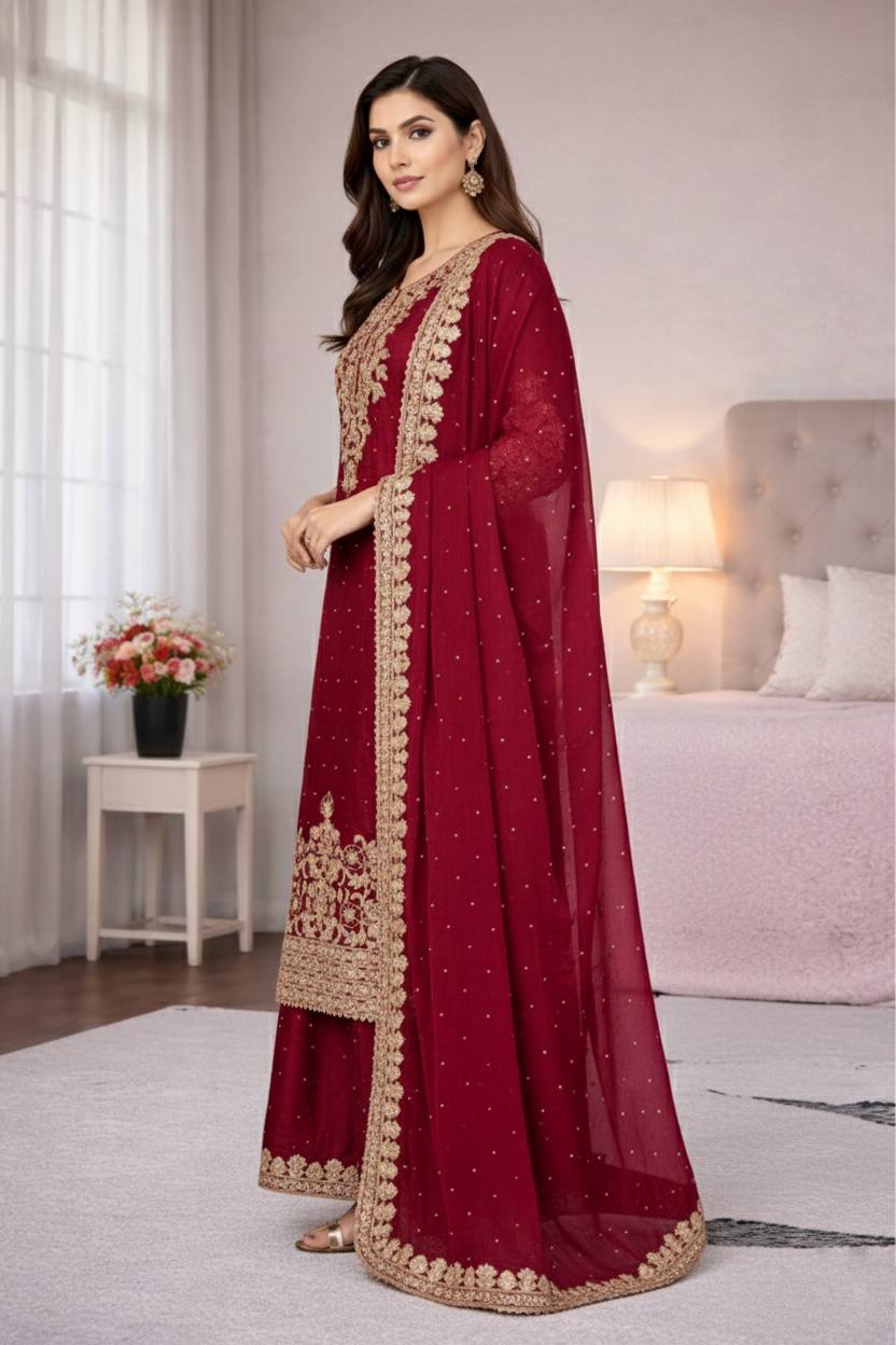 Maroon Designer Pure GMY Silk Top Bottom and Dupatta For Party Wear